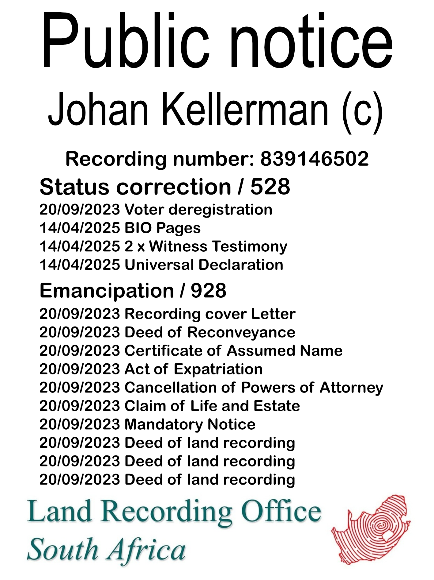 Public notice Johan Kellerman (c) Recording number 839146502